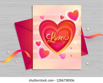 Love greeting card design decorated with tiny heart shapes on wooden texture background for Happy Valentines Day.