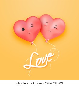 Love greeting card design with illustration of cute heart balloons on yellow background for Valentine's Day.