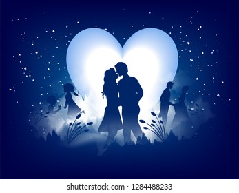 Love greeting card design, romantic silhouette of loving couple on night view background. Can be used as Valentine's Day banner design.