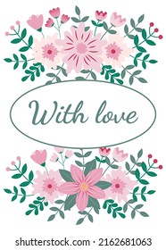 With love greeting card with floral ornament in red and green colors on white background. Holidays concept