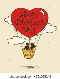 Love greeting card with flying couple in hot air balloon. Valentine's greeting card.