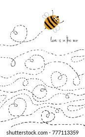 Love greeting card with flying cute enamored bee. Funny poster or card for birthday, save the day, wedding, Valentine's day, anniversary or just for sharing the feelings.