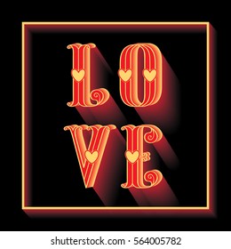  Love greeting card with gold love inscription and gold frame with gold hearts on a black background. Luxury Elegant Happy Valentine Day festive layout template design.