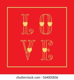  Love greeting card with gold love inscription and gold frame with gold hearts on a red background. Luxury Elegant Happy Valentine Day festive layout template design.