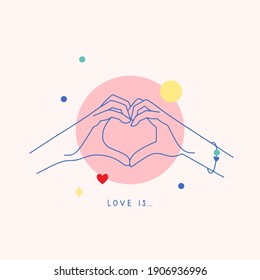 Love greeting card with hand heart shape. Line art vector illustration. Romantic love quote. Valentines Day design with geometric abstract background. Poster, sticker, Valentine card.