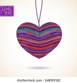 Love greeting card with hanging volume colorful melange knitted heart