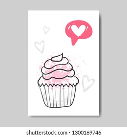 love greeting card happy valentines day concept sweet cake chat bubble heart icon hand drawn doodle style postcard