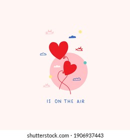 Love greeting card with heart shape balloons, birds, clouds. Line art vector illustration. Romantic love quote. Valentines Day design geometric abstract background. Poster, sticker, Valentine card.
