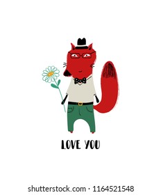 Love greeting card or poster with cute red fox holding a flower.