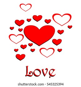Love greeting card with red different  hearts 