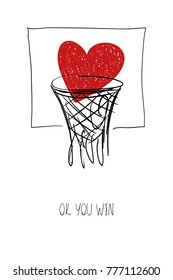 Love greeting card with red heart in basketball basket. Funny poster or card for birthday, save the day, wedding, Valentine's day, anniversary or just for sharing the feelings.