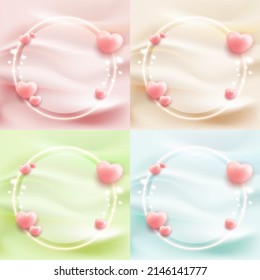 love greeting card template collection set with glow heart shape 3d render style on curtain wavy background