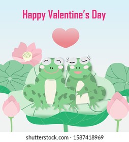 Love greeting card with two frogs on the lotus leaf,vector illustration paper art style.Lovers frogs.