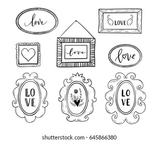 Love greeting cards, posters set with hand drawn frames,borders, hearts. Vector background with hand lettering.