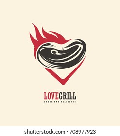 Love grill logo design concept. Tasty steak on fire and check sign makes heart shape. Fast food or barbecue restaurant logo template.