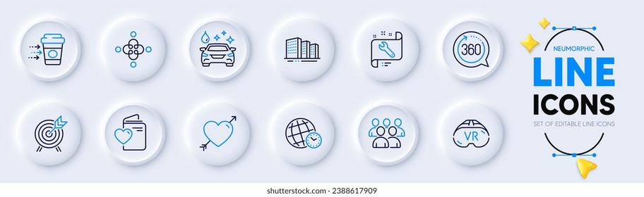 Love, Group and 360 degrees line icons for web app. Pack of Spanner, Time zone, Coffee delivery pictogram icons. Buildings, Inclusion, Love document signs. Car wash, Archery, Vr. Vector