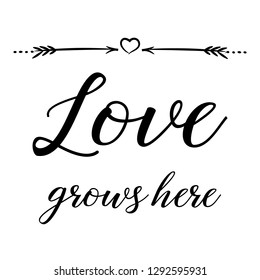 Love grows here. Calligraphy saying for print. Vector Quote for typography and Social media post. Modern Inspiration Design