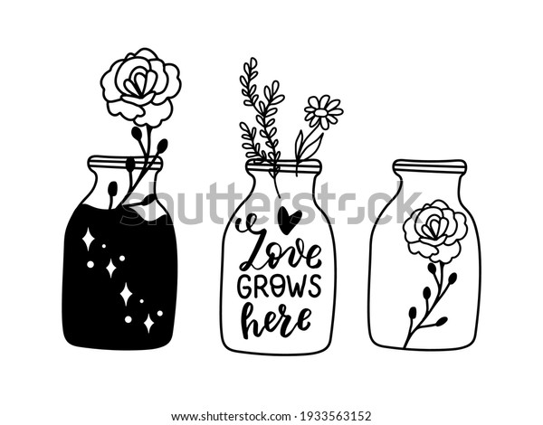 Love grows here. Mason jar with daisy,\
rosehip, wildflowers. Aromatherapy doodle hand drawn illustrations\
set. Aromatic herbal in mason jar. Selfcare, mental health wellness\
treatment and prevention