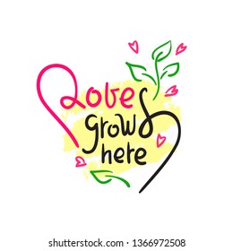 Love grows here - simple love motivational quote. Hand drawn beautiful lettering. Print for inspirational poster, t-shirt, bag, cups, card, flyer, sticker, badge. Elegant calligraphy writing