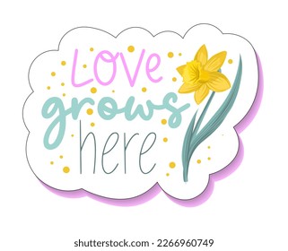 Love grows here. sticker with cute lettering and hyacinth. spring flowers hyacinth. Cute spring sticker for the planner.