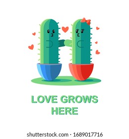 Love grows here. Vector illustration of cacti in love. Сute cartoon cactus.