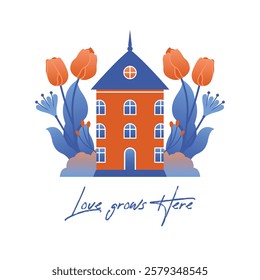 Love grows here. Village house among tulips, spring flowers, plants, leaves. Vector illustration with rural apartment to spring card, postcard, banner, sticker. Flat naive style. Cottagecore.	
