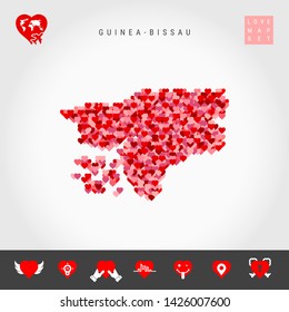 I Love Guinea-Bissau. Red and Pink Hearts Pattern Vector Map of Guinea-Bissau Isolated on Grey Background. Love Icon Set.