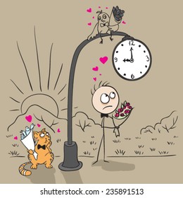 Love. The guy near post with a clock waiting for date with a girl. Vector cartoon illustration