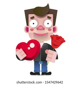 In Love Guy With A Red Rose And A Box Of Chocolates In The Shape Of A Heart Greeting Card For A Girl. Vector Illustration On White Background For Your Web Design