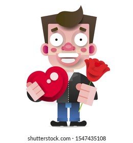 In Love Guy With A Red Rose And A Box Of Chocolates In The Shape Of A Heart Greeting Card For A Girl. Vector Illustration On White Background For Your Web Design