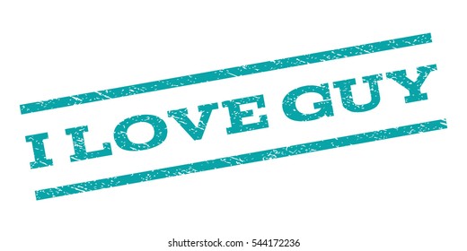 I Love Guy watermark stamp. Text tag between parallel lines with grunge design style. Rubber seal stamp with unclean texture. Vector cyan color ink imprint on a white background.