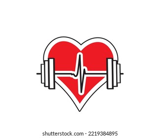 Love gym symbol, vector. Red heart illustration with dumbbell and heart pulse isolated on white background. Logo design.