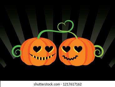 Love Halloween pumpkins vector. Halloween pumpkin cartoon character. Orange pumpkin on a black background. Couple of love pumpkins