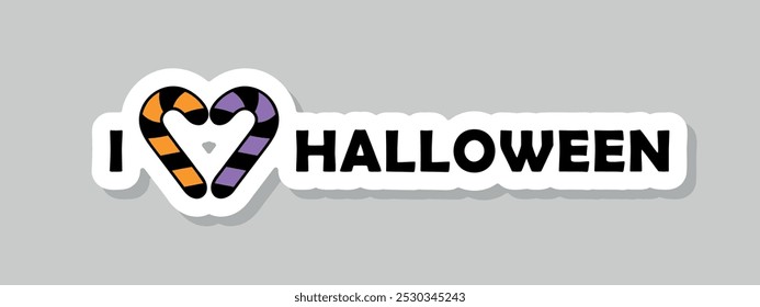 I love Halloween text sticker, candy cane heart, vector illustration