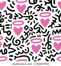 Love and halos with doodle in seamless pattern. Stylish pink black white pattern. Hand drawn doodle and illustration for sticker, postcard, wallpaper, mural, fabric, prints, etc