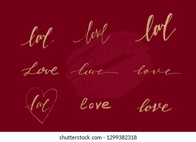 Love. Hand draw lettering.Set with seven elements. Vector illustration for your design.
