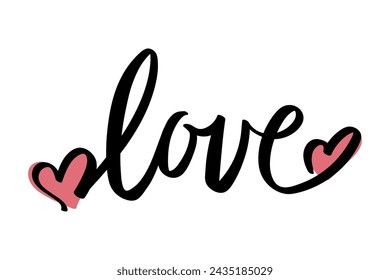 Love. Hand drawn calligraphy. Brush lettering. Decorated with hearts. Vector illustration