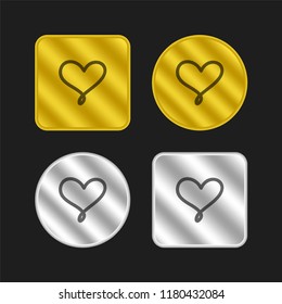 Love hand drawn heart symbol outline gold and silver metallic coin logo icon design