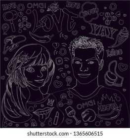 Сouple in love. Hand drawn heart and words love doodle