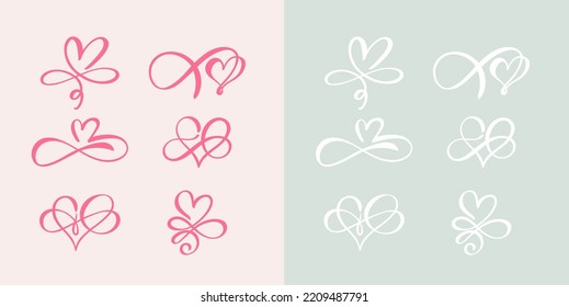 Love hand drawn hearts sign of infinity with cute sketch line. Set of Divider doodle element love shape for valentines day, wedding, mother's day or woman's day. Vector isolated on colored background.