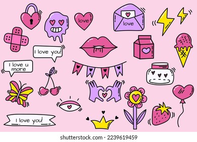 Love hand drawn illustrations set. Valentine's day concept. Doodle romantic elements. Hearts, letter, flower, smile, strawberry. Cartoon decor for Valentine's Day