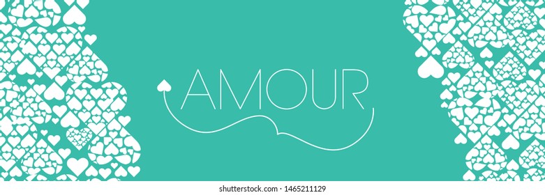 Love hand drawn lettering - "AMOUR" written in French, on turquoise background for wedding design and decoration, Valentine`s Day cards, invitations, greetings, posters, flyers, banners, prints, web.