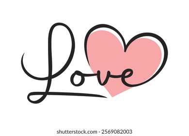 Love hand drawn lettering design with heart vector icon. Decorative text for Valentine's Day greeting card, sticker, label tag. Romantic love typography logo for t shirt.