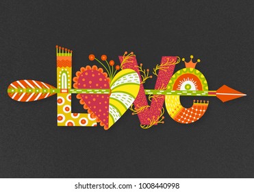 Love. Hand drawn lettering. Happy Valentine's Day. Heart with arrow. Freehand style. Doodle. Holiday in February. Valentine card, postcard, banner, poster, print on clothes. Vector illustration, eps10