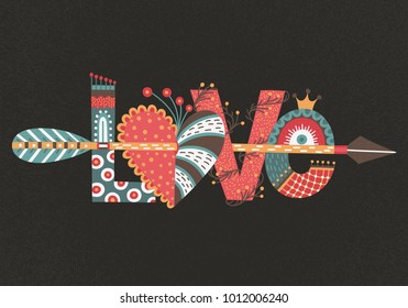 Love. Hand drawn lettering. Happy Valentine's Day. Heart with arrow. Freehand style. Doodle. Holiday in February. Valentine card, postcard, banner, poster, print on clothes. Vector illustration, eps10