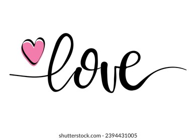 Love hand drawn lettering with heart. Lettering for banner and poster, greeting card. Vector lettering isolated on white background.