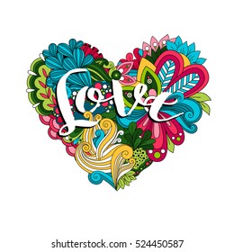 Love hand drawn lettering in heart shape with flowers. Vector illustration.