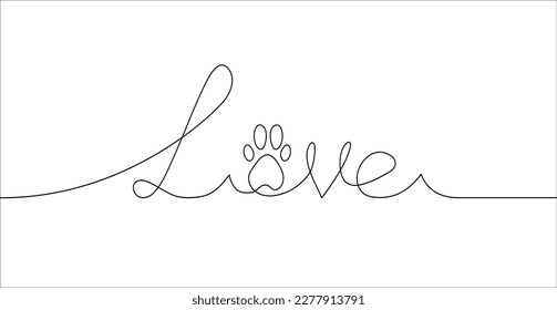 Love hand drawn lettering with pet footprint. One line drawing of writing love with paw. Cat and dog love icon. Vector illustration