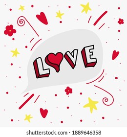 Love hand drawn lettering vector design with doodles, postcard Valentines day desing for celebrating holiday of love, cute fun vector for greeting