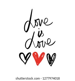 Love hand drawn postcard, lettering with hearts on white background. Valentine's day holiday